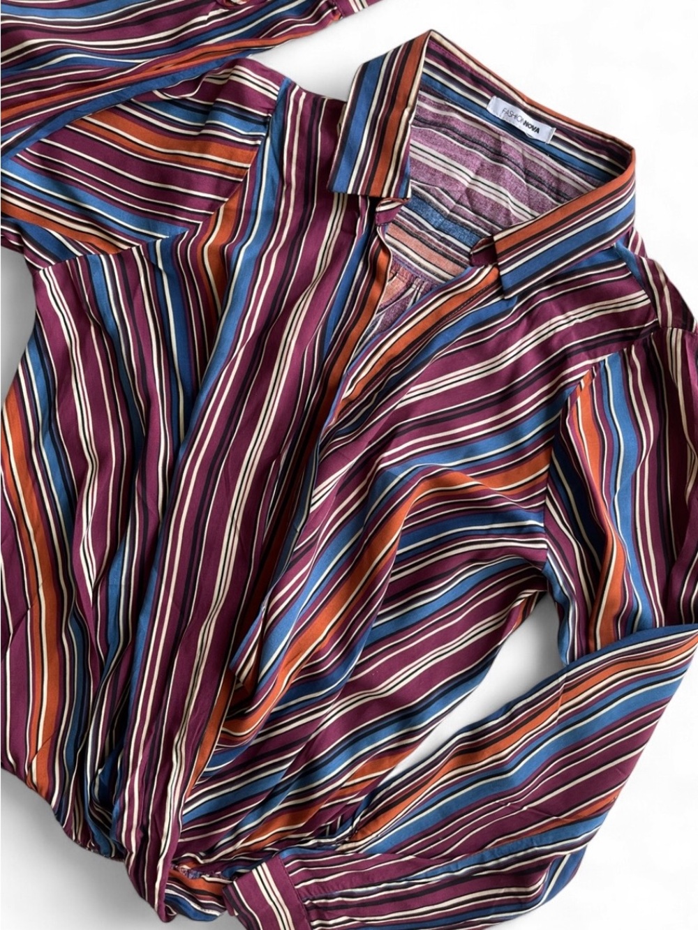 Fashion Nova Women's Multi-Stripe Button-Up Blouse in Burgundy, Blue & Orange
